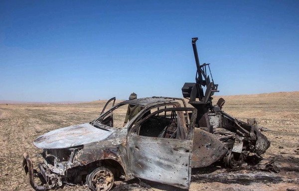This 'Islamic State of Iraq and Syria' car bomb was destroyed by Iraqi forces south-west of the Ninawa province city of Mosul. [Photo from the National Guard-Ninawa Province Facebook page]