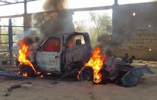 Egyptian forces destroyed an 'Islamic State of Iraq and Syria' vehicle in North Sinai as part of its 'Martyr's Right' offensive. [Photo courtesy of the Egyptian Armed Forces Media Centre]