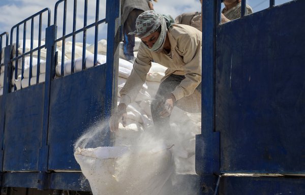 A Houthi fighter throws insect-infested food aid off the back of a truck. The food aid was intended for delivery in November 2018, but sat for months at a checkpoint. [Mohammed Huwais/AFP]