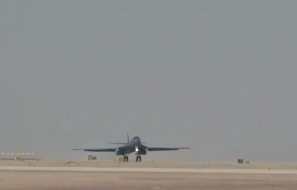 A B-1B strategic bomber lands at Prince Sultan Air Base in Saudi Arabia. [Photo courtesy of US Army]