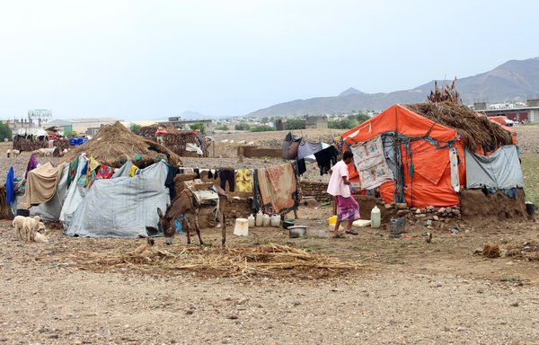 ساکنان یک اردوگاه موقتی برای یمنی‌های آواره شده بر اثر درگیری بین حوثی‌ها و نیروهای دولتی در شهرستان آبس استان حجاجه در تاریخ ۲۳ ژانویه دیده می‌شوند. [عیسی احمد/ خبرگزاری فرانسه]