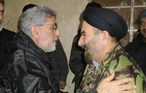 A photograph posted March 6th, 2020, on a Telegram channel associated with IRGC-QF commander Brig. Gen. Esmail Qaani (left) shows him greeting former Iranian parliamentarian Ali Mohammad Bozorgvari, likely during a visit to Syria in February. [File]