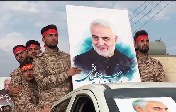 A screenshot of a video posted by Syrian state TV on February 9 shows members of the al-Haj Qassem Soleimani arriving to Deir Ezzor from Aleppo.