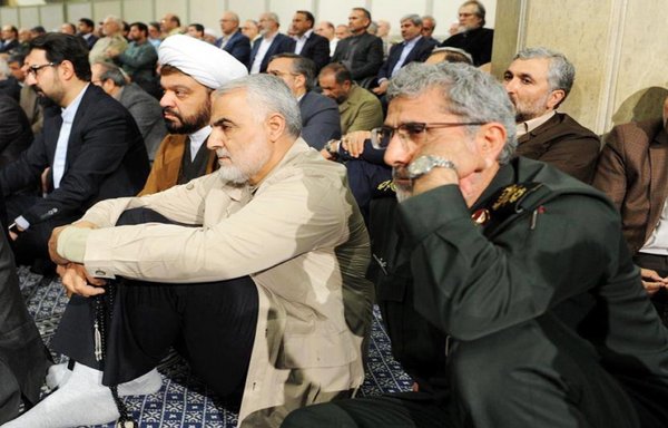 Esmail Qaani, commander of the IRGC's Quds Force, seen in foreground of an undated photo circulated on social media, has been unable to fill the void left by his predecessor, Qassem Soleimani (in beige jacket).
