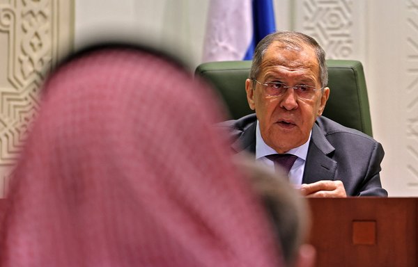 Russian Foreign Minister Sergey Lavrov holds a joint press conference with his Saudi counterpart Faisal Bin Farhan after their meeting in Riyadh on March 10. [Fayez Nureldine/AFP]