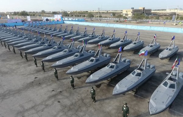 Dozens of new IRGC speedboats are put on display last year. Speedboats are key to the IRGC's strategy of closing the Strait of Hormuz and attack maritime vessels in the event of war. [IRGC]