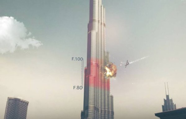 Alwiyat al-Waad al-Haq on January 27, 2021, posted this doctored image of the Burj Khalifa skyscraper in the UAE being struck by drones.