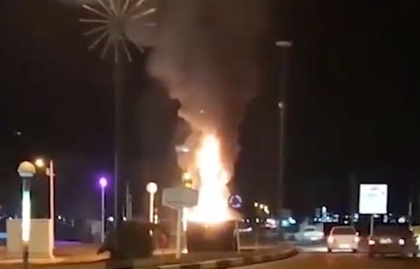 A screenshot from a video that circulated online shows the burning statue of IRGC Commander Qassem Soleimani in Shahr-e-Kord, Iran, on the night of January 5–6, mere hours after its unveiling.