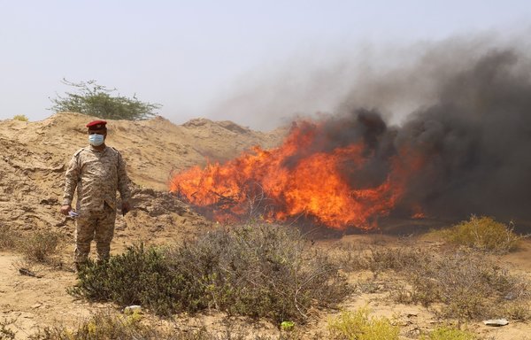 Yemeni forces burn confiscated drugs in Yemen's Hajjah province on March 3. [AFP]