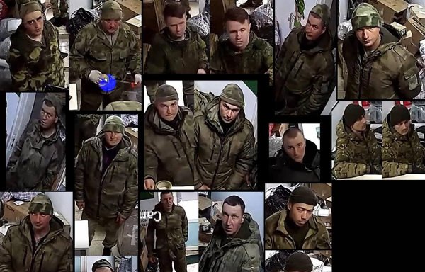 This montage photo shows Russian soldiers caught on surveillance cameras at a post office in Belarus sending looted items from Ukraine back to family members in Russia. [Belaruski Haiun]
