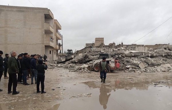 A four-storey building in the city of Kobani can be seen destroyed by an earthquake that hit Syria on February 6. [Autonomous Administration of North and East Syria]