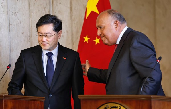 Egyptian Foreign Minister Sameh Shoukry (R) greets his Chinese counterpart Qin Gang after a press conference in Cairo on January 15. [Khaled Desouki/AFP]