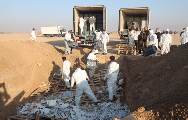 Iraqi security teams destroy large quantities of drugs in Baghdad on December 18. [Iraqi Ministry of Health]