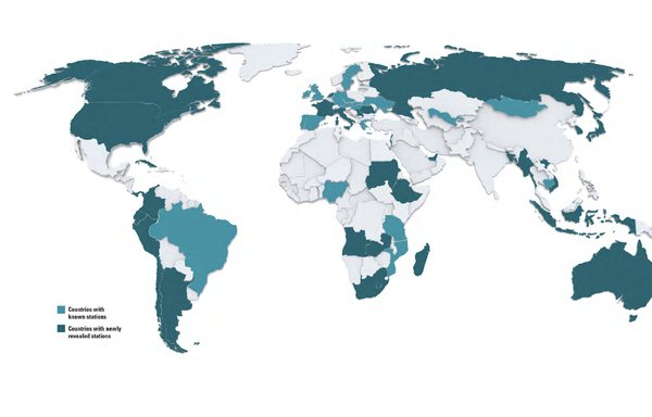 A map of the world shows countries with Chinese Overseas Police Service Stations. [Safeguard Defenders]