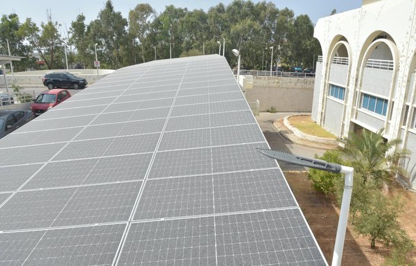 Rafic Hariri Governmental Hospital in Beirut installed solar panels over the parking area (seen here in 2023) to provide the hospital with electricity. A number of hotel and industrial projects are following its example. [Ziad Hatem/Al-Mashareq]