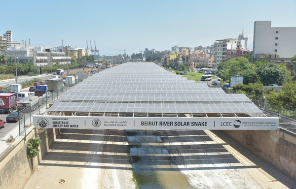 A photo taken in May shows solar panels on the Beirut river. In 2014, the Lebanese Centre for Energy Conservation implemented the Beirut river solar power project above the river -- a pioneer project that feeds electricity into Lebanon's main grid. [Ziad Hatem/Al-Mashareq]