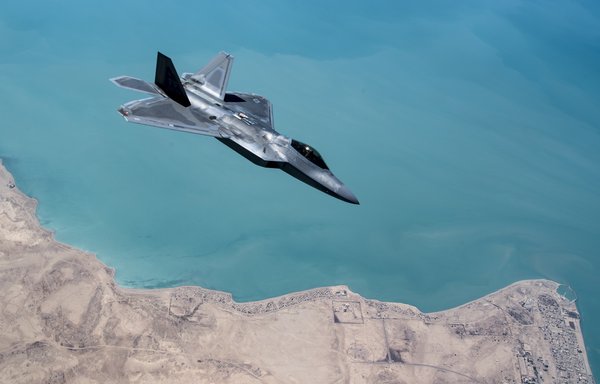 A US F-22 Raptor conducts a combat air patrol mission over an undisclosed location in Southwest Asia on September 13, 2019. [US Air Force]