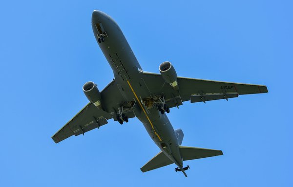 A KC-46A Pegasus prepares to land July 28, 2019, at McConnell Air Force Base in Kansas. Two high-bypass turbofans power the KC-46. [US Air Force]