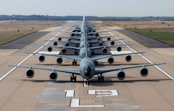 Sixteen KC-46A Pegasus and five KC-135 Stratotankers line up for an elephant walk during exercise Lethal Pride at McConnell Air Force Base in Kansas March 27. [US Air Force]