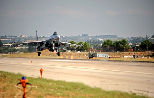 A Russian Sukhoi (Su-35) fighter takes off at the Russian military base of Hmeimim in Latakia province, Syria, on September 26, 2019. [Maxime Popov/AFP]