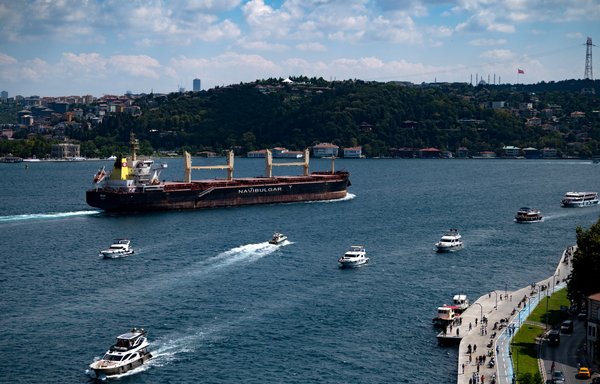Malta-flagged bulk carrier M/V Rojen, carrying grain from Ukraine, sails along the Bosphorus Strait on August 7, after Ukraine and Russia signed a deal aimed at relieving the global food crisis. Russia has since withdrawn from the agreement. [Yasin Akgul/AFP]